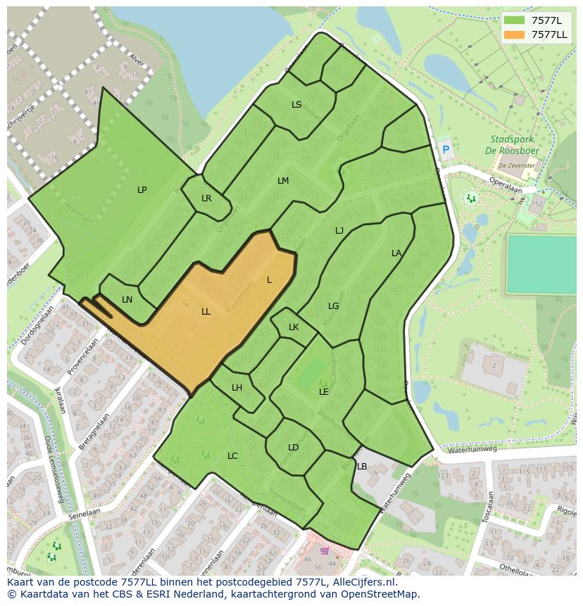 Afbeelding van het postcodegebied 7577 LL op de kaart.