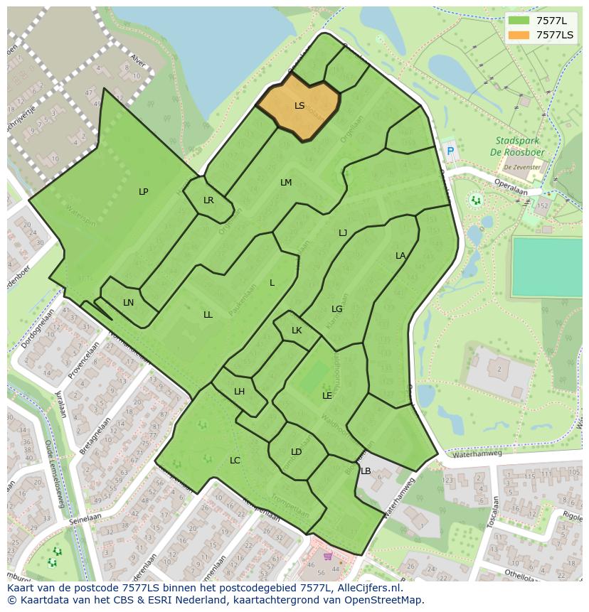 Afbeelding van het postcodegebied 7577 LS op de kaart.