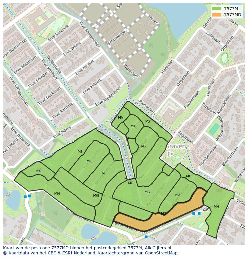 Afbeelding van het postcodegebied 7577 MD op de kaart.