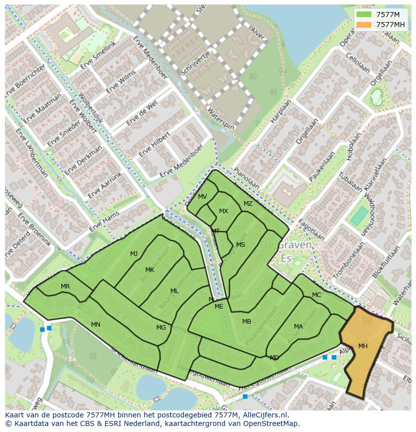 Afbeelding van het postcodegebied 7577 MH op de kaart.