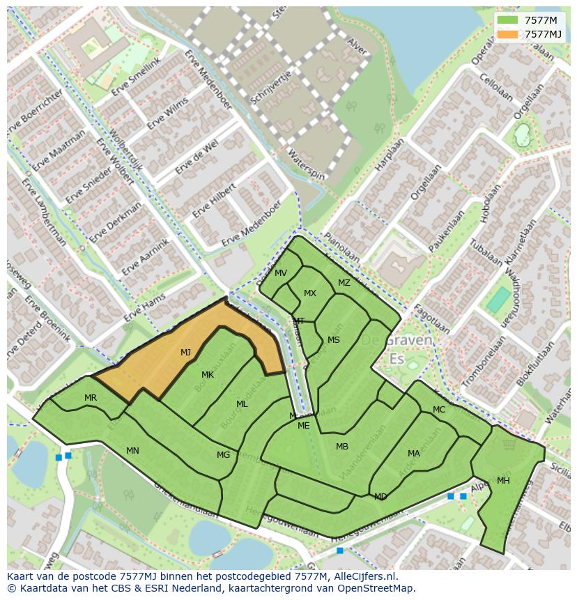 Afbeelding van het postcodegebied 7577 MJ op de kaart.
