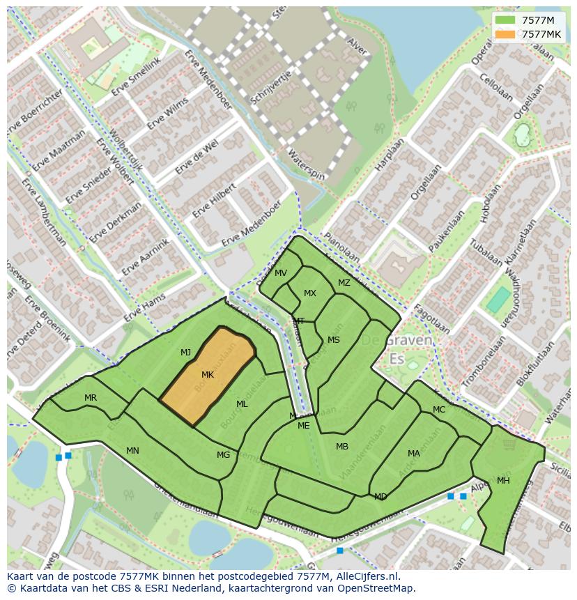 Afbeelding van het postcodegebied 7577 MK op de kaart.
