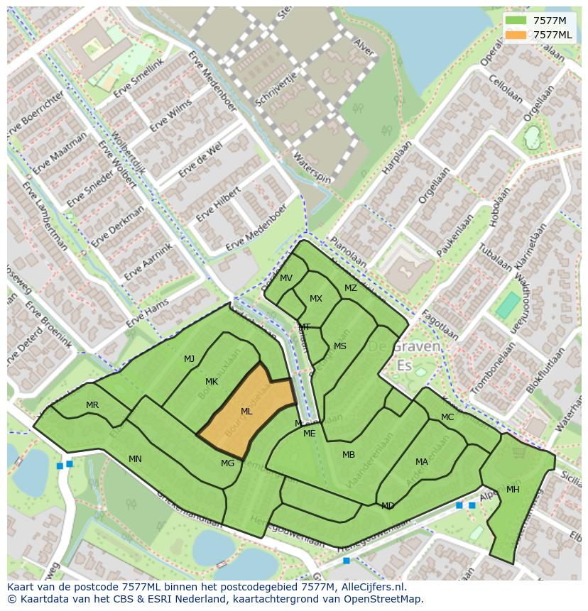 Afbeelding van het postcodegebied 7577 ML op de kaart.