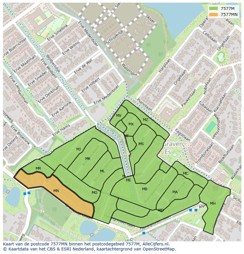 Afbeelding van het postcodegebied 7577 MN op de kaart.