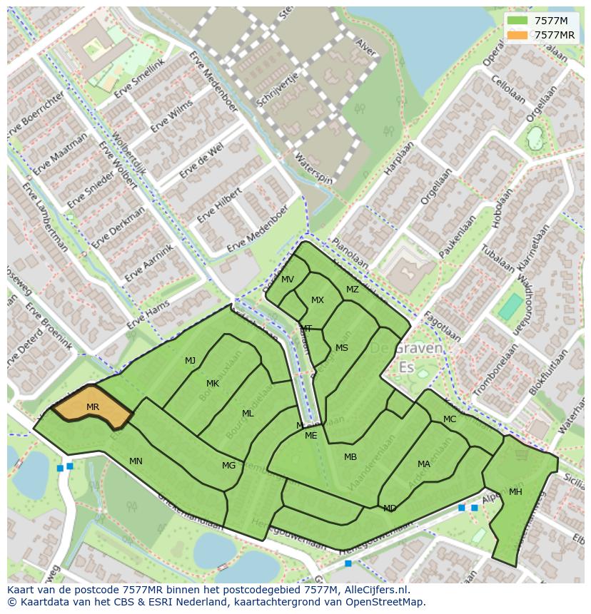 Afbeelding van het postcodegebied 7577 MR op de kaart.