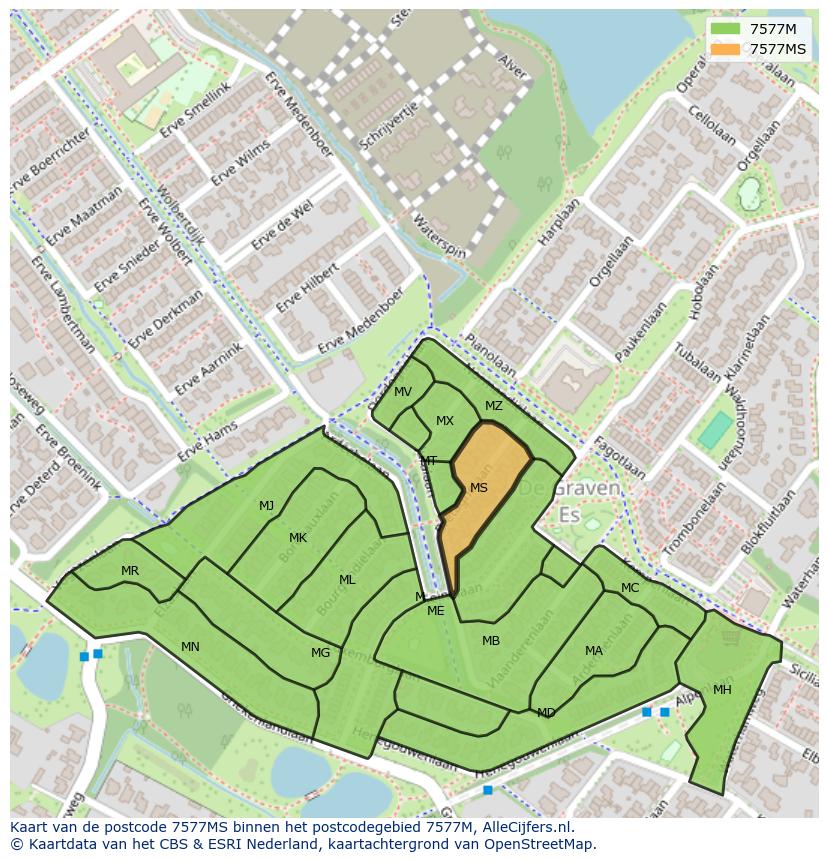 Afbeelding van het postcodegebied 7577 MS op de kaart.