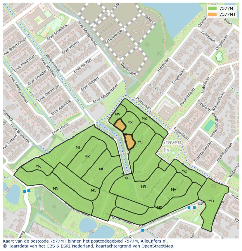 Afbeelding van het postcodegebied 7577 MT op de kaart.