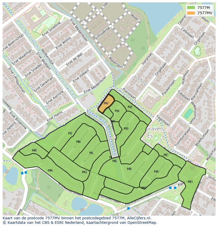 Afbeelding van het postcodegebied 7577 MV op de kaart.
