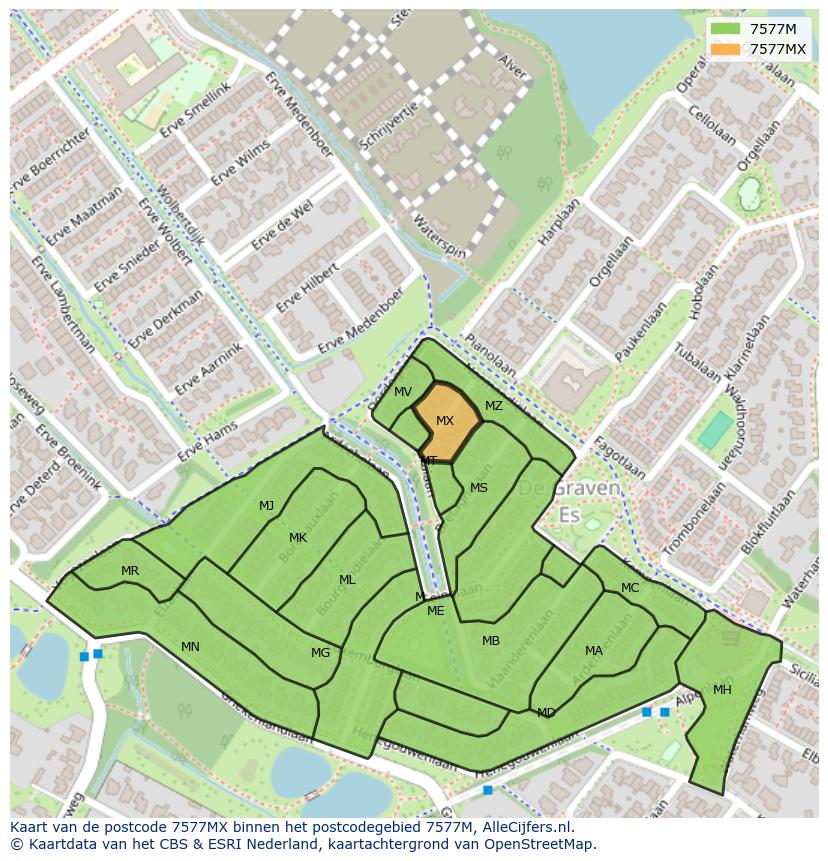 Afbeelding van het postcodegebied 7577 MX op de kaart.