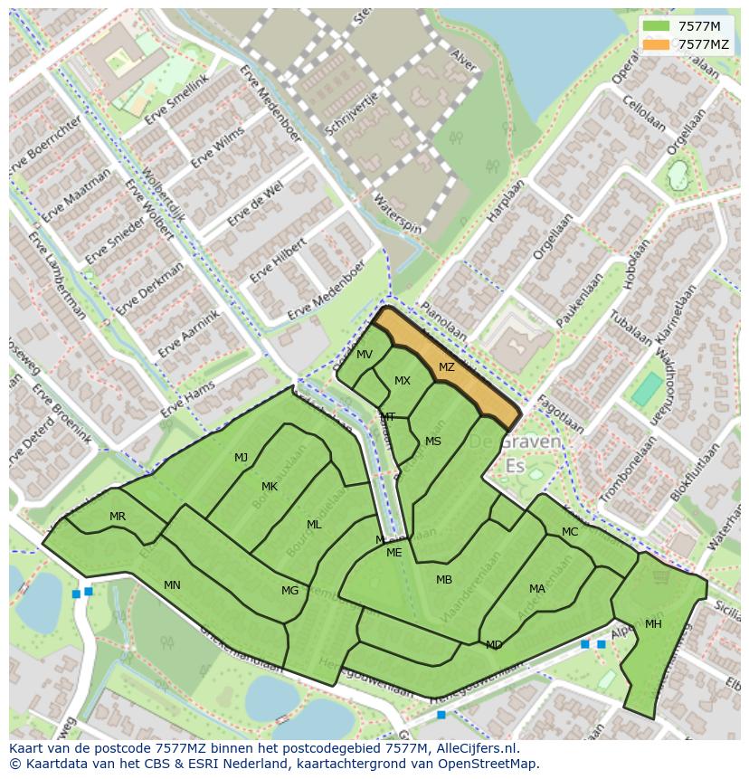 Afbeelding van het postcodegebied 7577 MZ op de kaart.