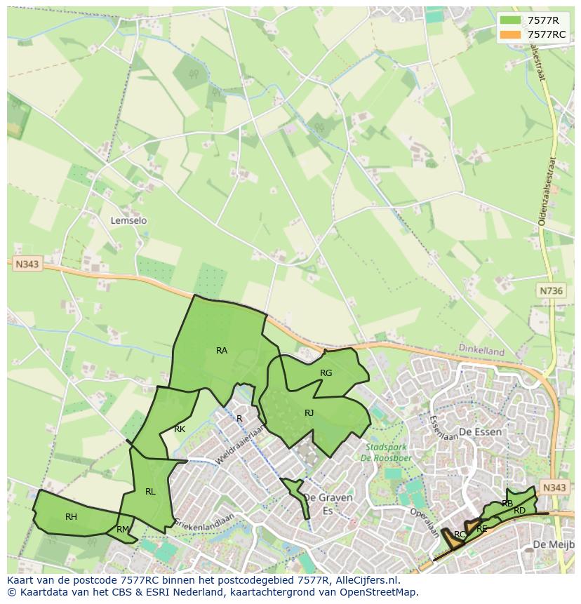 Afbeelding van het postcodegebied 7577 RC op de kaart.
