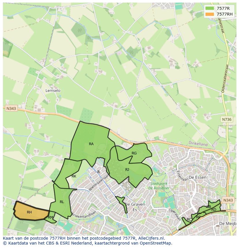Afbeelding van het postcodegebied 7577 RH op de kaart.