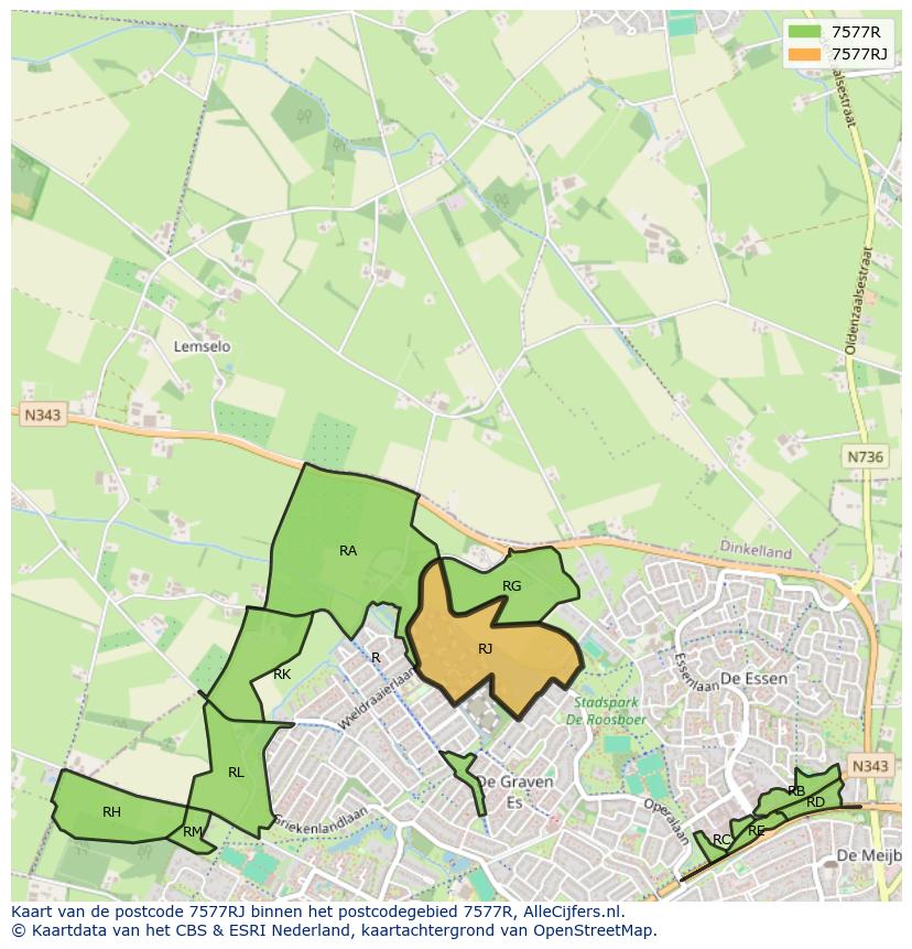 Afbeelding van het postcodegebied 7577 RJ op de kaart.