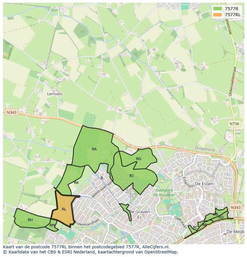 Afbeelding van het postcodegebied 7577 RL op de kaart.