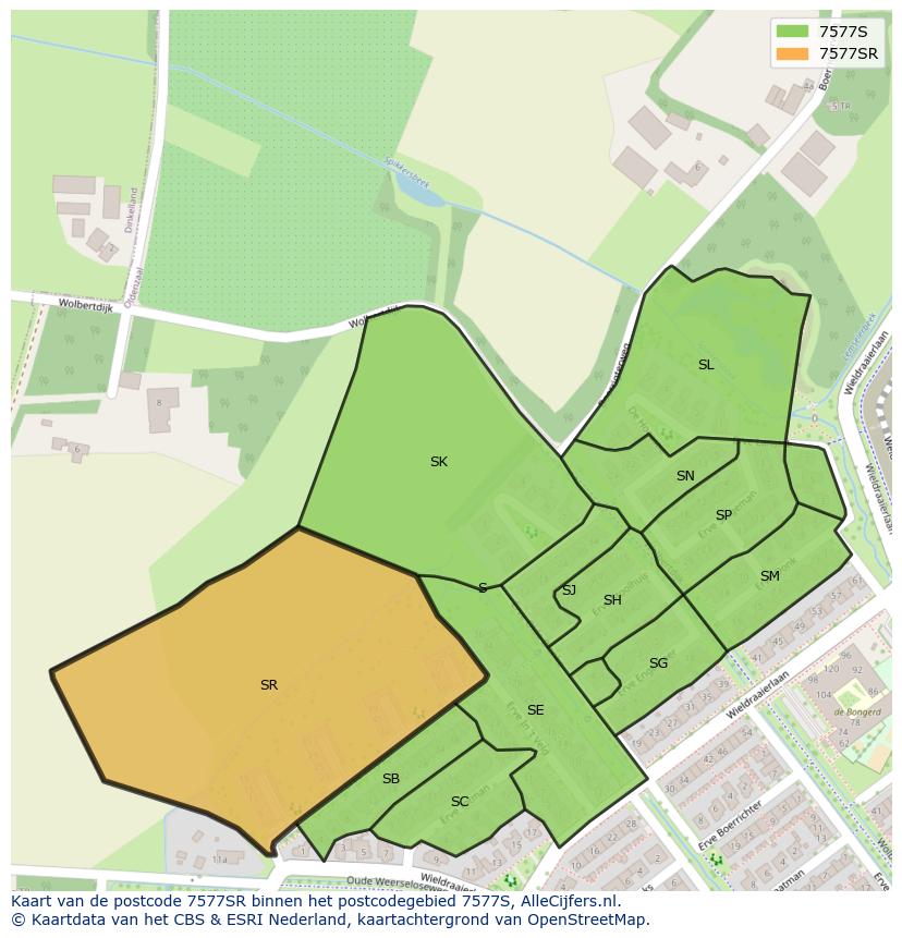 Afbeelding van het postcodegebied 7577 SR op de kaart.