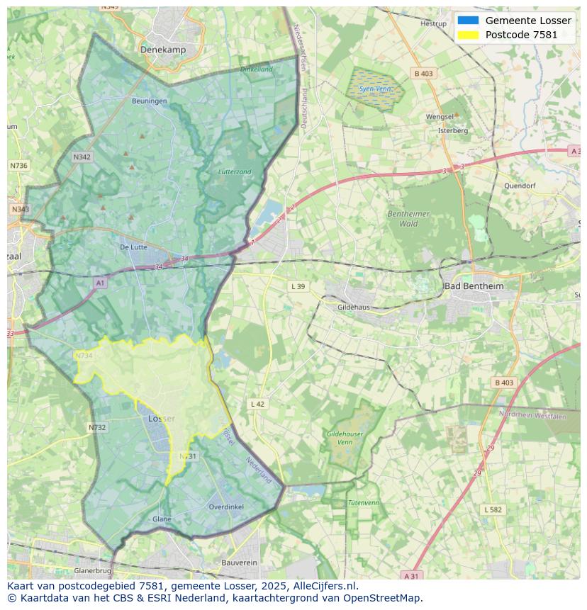 Afbeelding van het postcodegebied 7581 op de kaart.