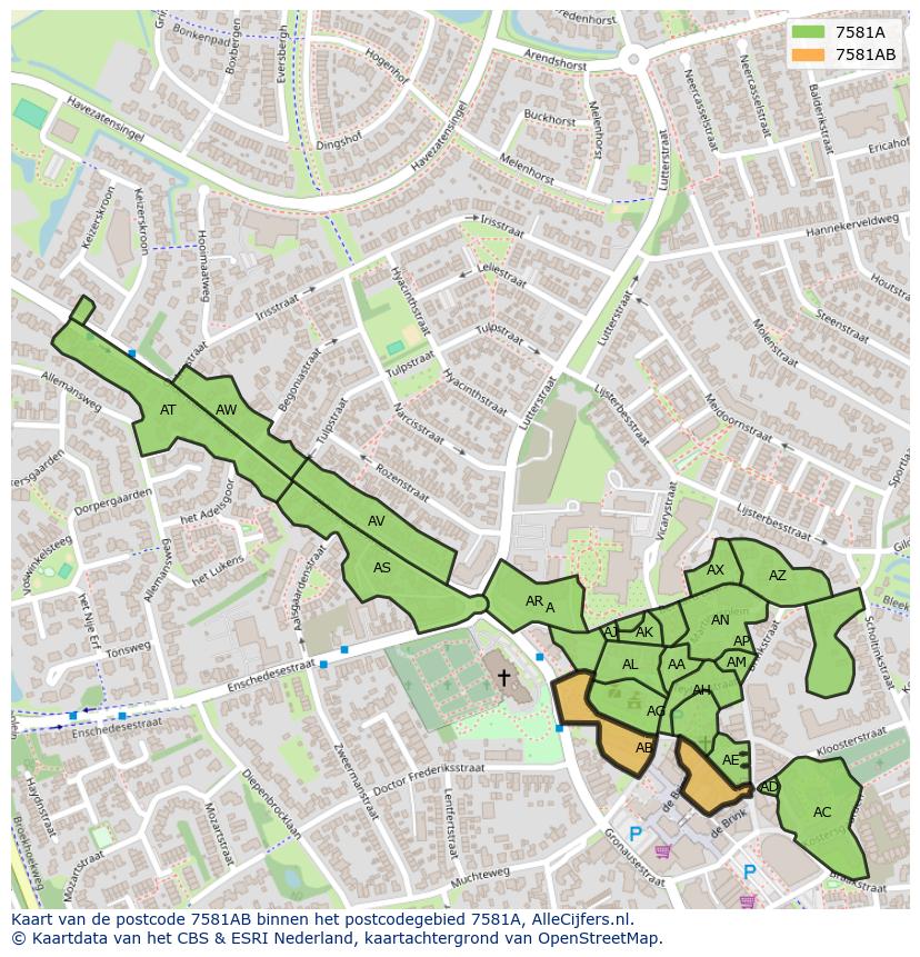 Afbeelding van het postcodegebied 7581 AB op de kaart.