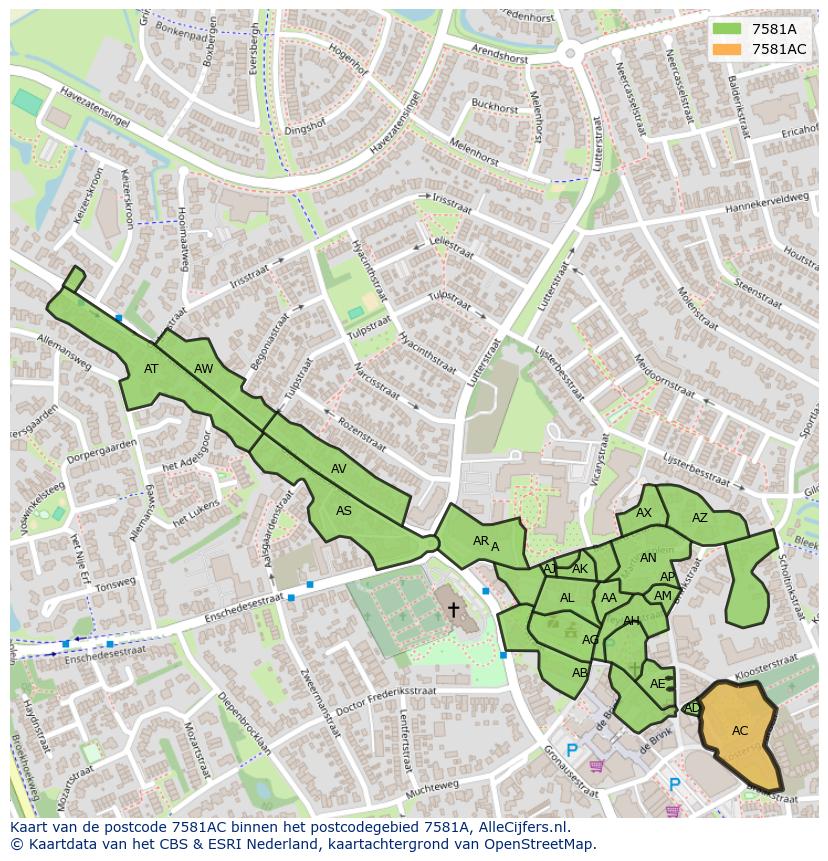 Afbeelding van het postcodegebied 7581 AC op de kaart.