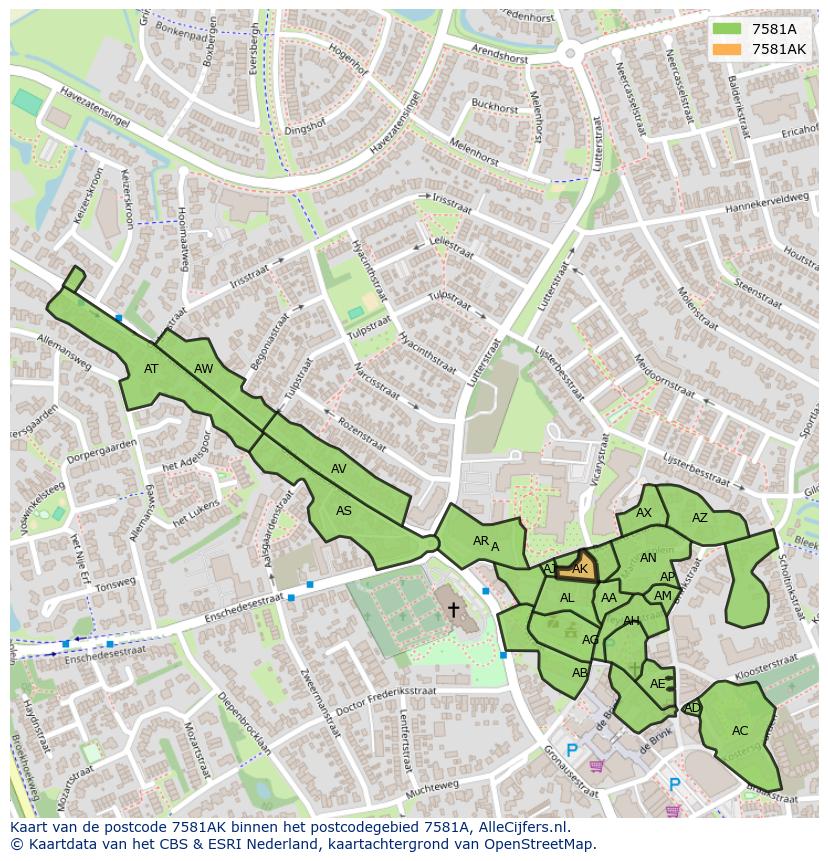 Afbeelding van het postcodegebied 7581 AK op de kaart.