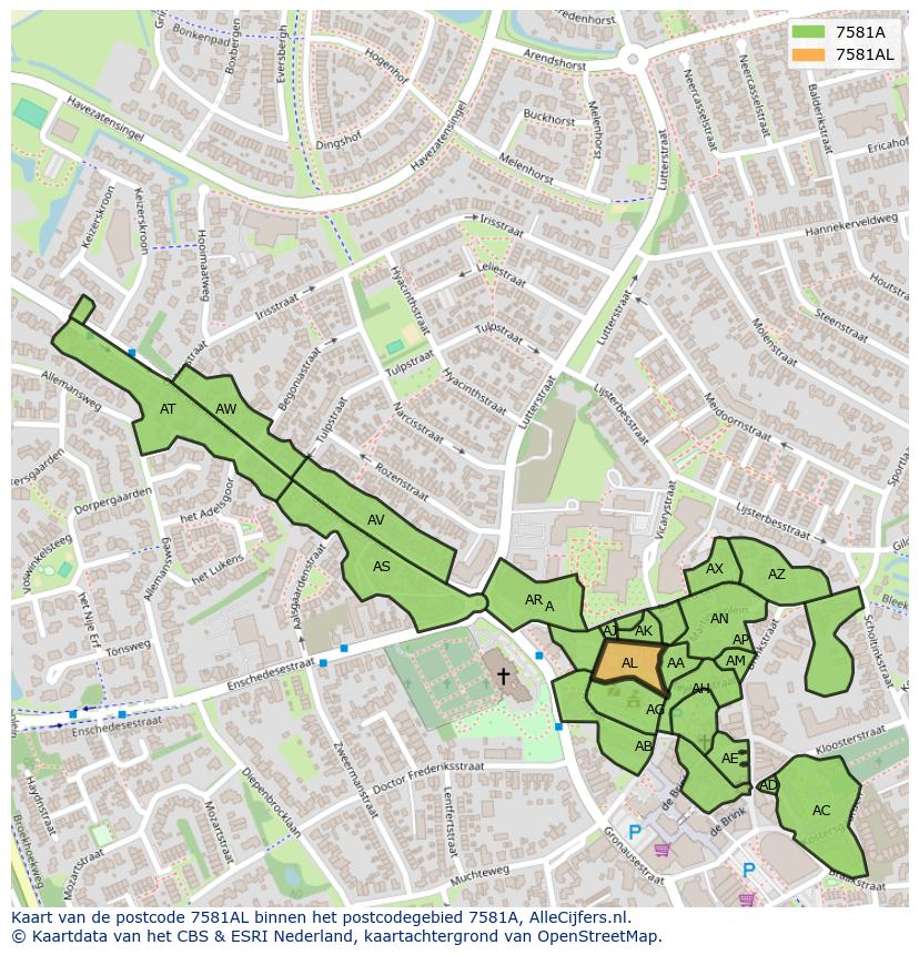 Afbeelding van het postcodegebied 7581 AL op de kaart.
