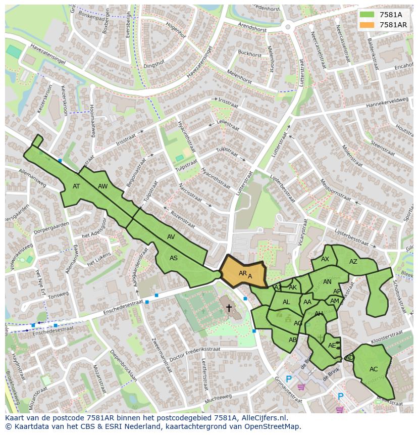 Afbeelding van het postcodegebied 7581 AR op de kaart.