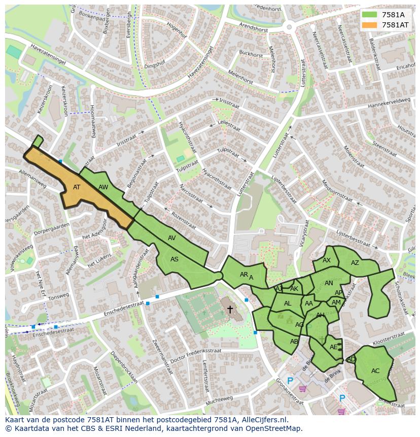 Afbeelding van het postcodegebied 7581 AT op de kaart.