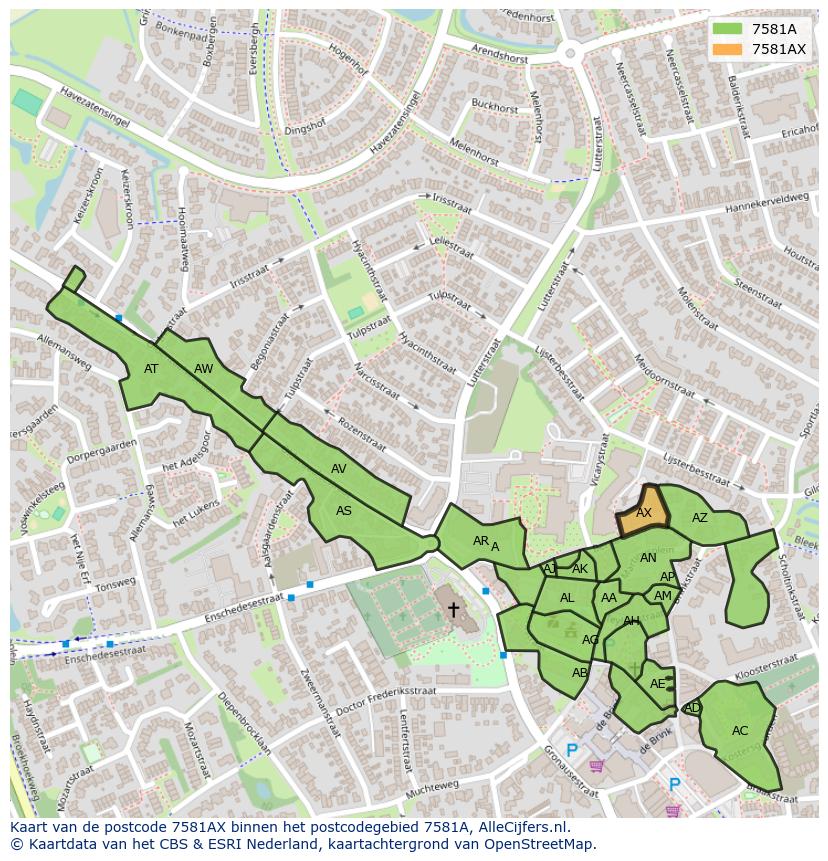 Afbeelding van het postcodegebied 7581 AX op de kaart.