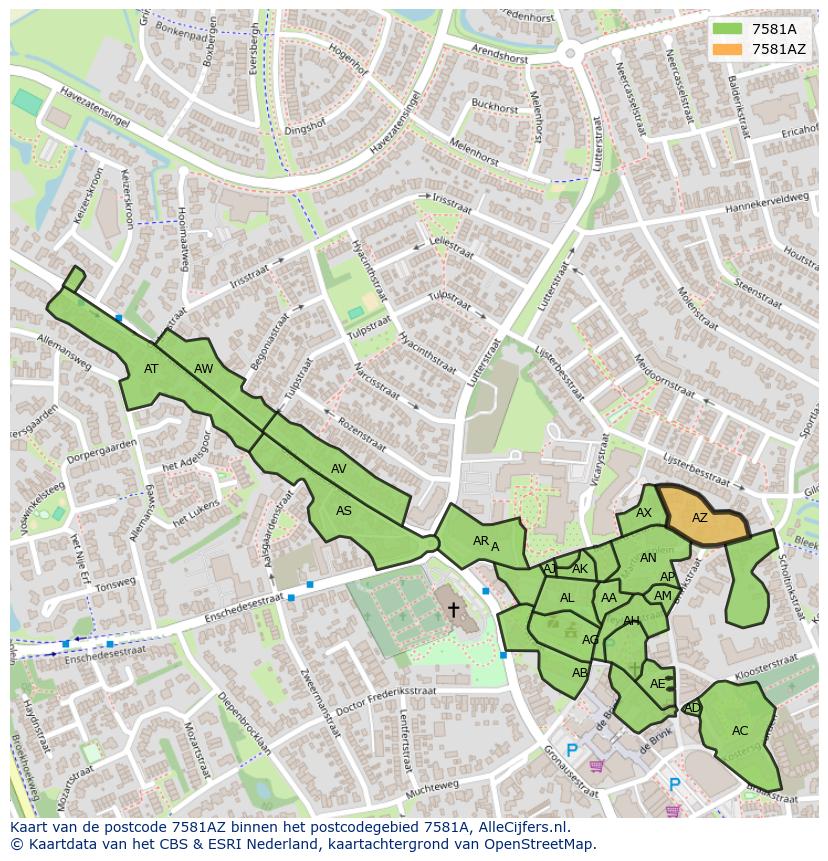 Afbeelding van het postcodegebied 7581 AZ op de kaart.