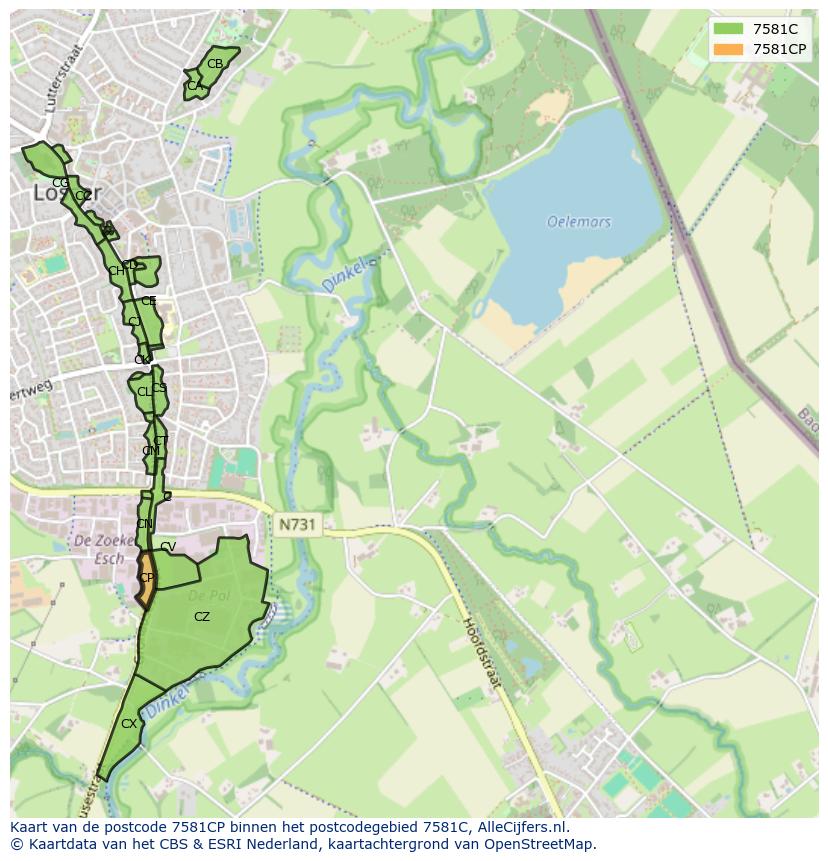 Afbeelding van het postcodegebied 7581 CP op de kaart.