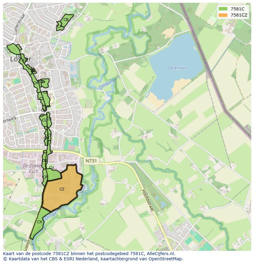 Afbeelding van het postcodegebied 7581 CZ op de kaart.