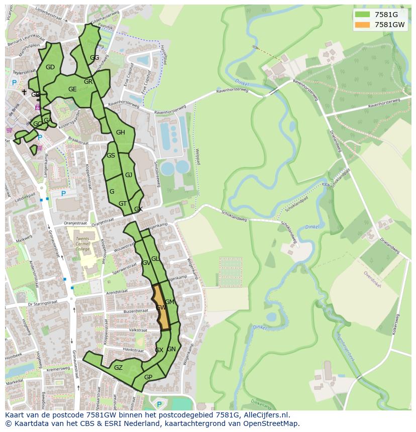 Afbeelding van het postcodegebied 7581 GW op de kaart.