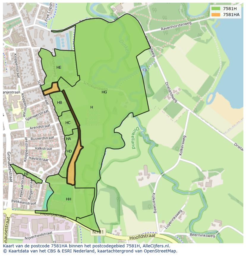 Afbeelding van het postcodegebied 7581 HA op de kaart.