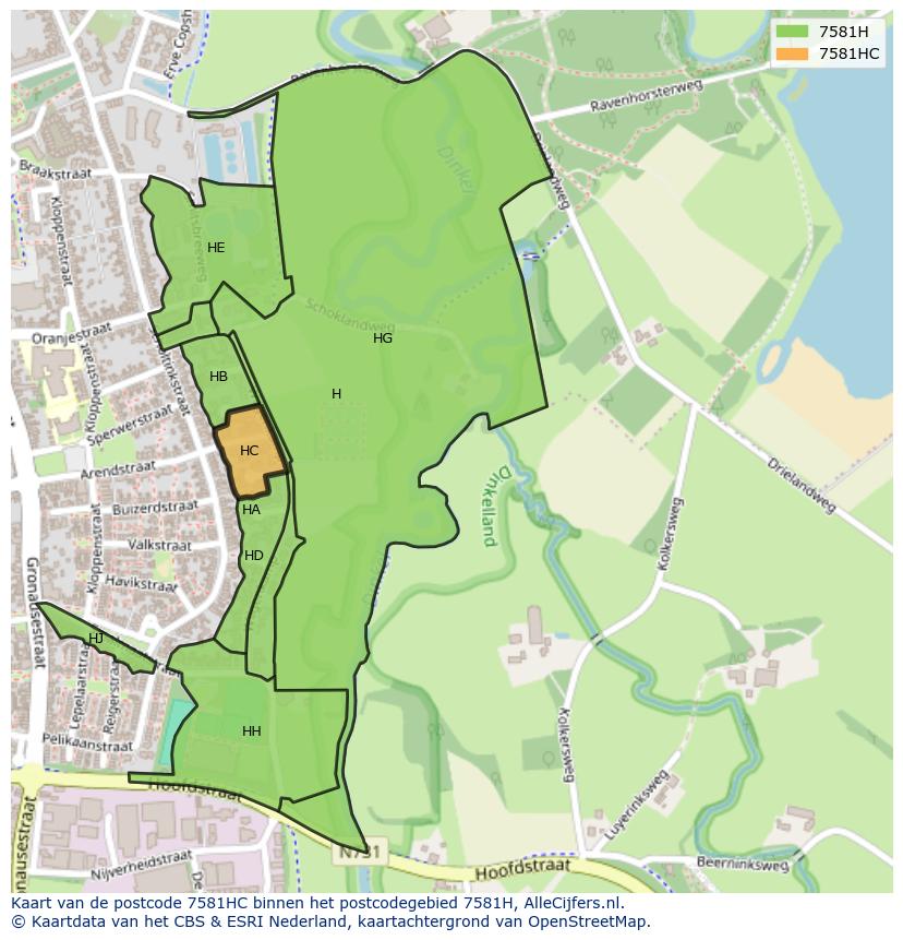 Afbeelding van het postcodegebied 7581 HC op de kaart.