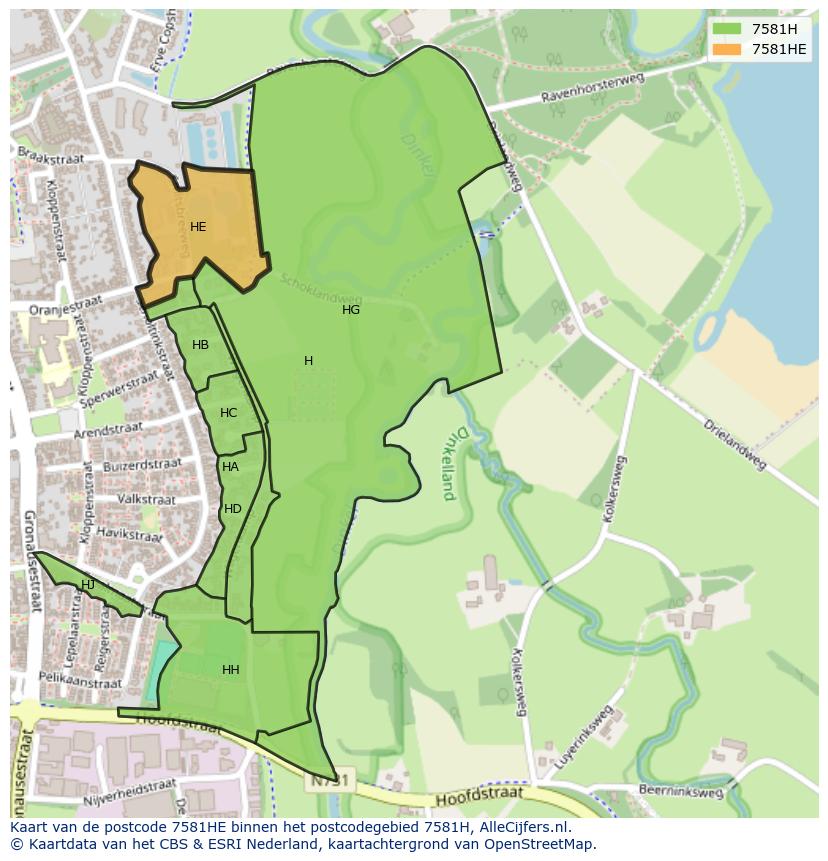 Afbeelding van het postcodegebied 7581 HE op de kaart.