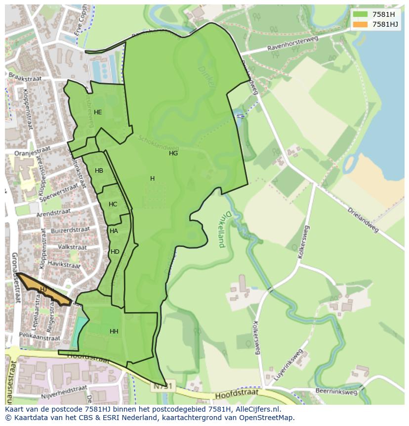 Afbeelding van het postcodegebied 7581 HJ op de kaart.