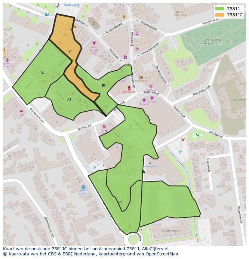 Afbeelding van het postcodegebied 7581 JC op de kaart.