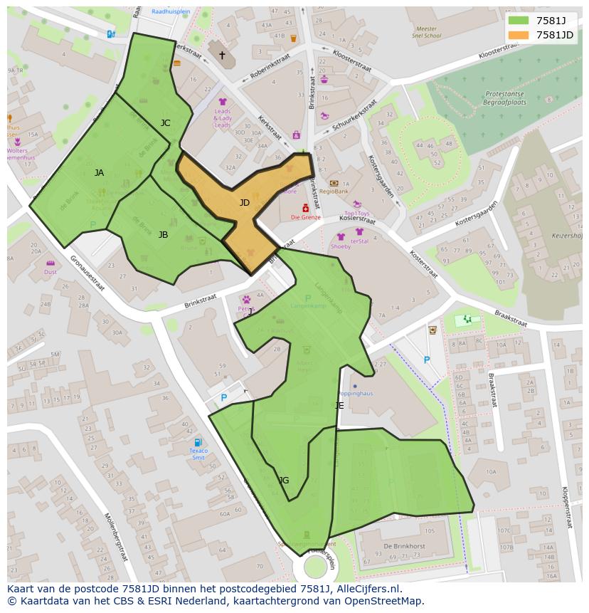 Afbeelding van het postcodegebied 7581 JD op de kaart.