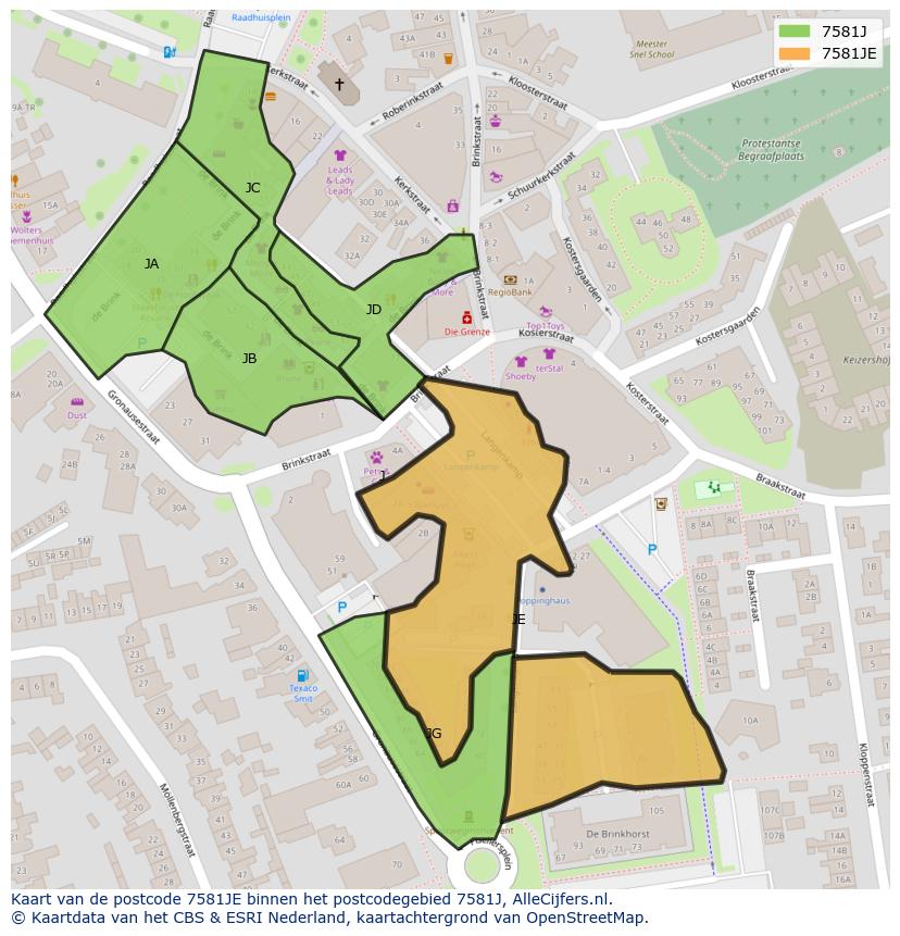 Afbeelding van het postcodegebied 7581 JE op de kaart.