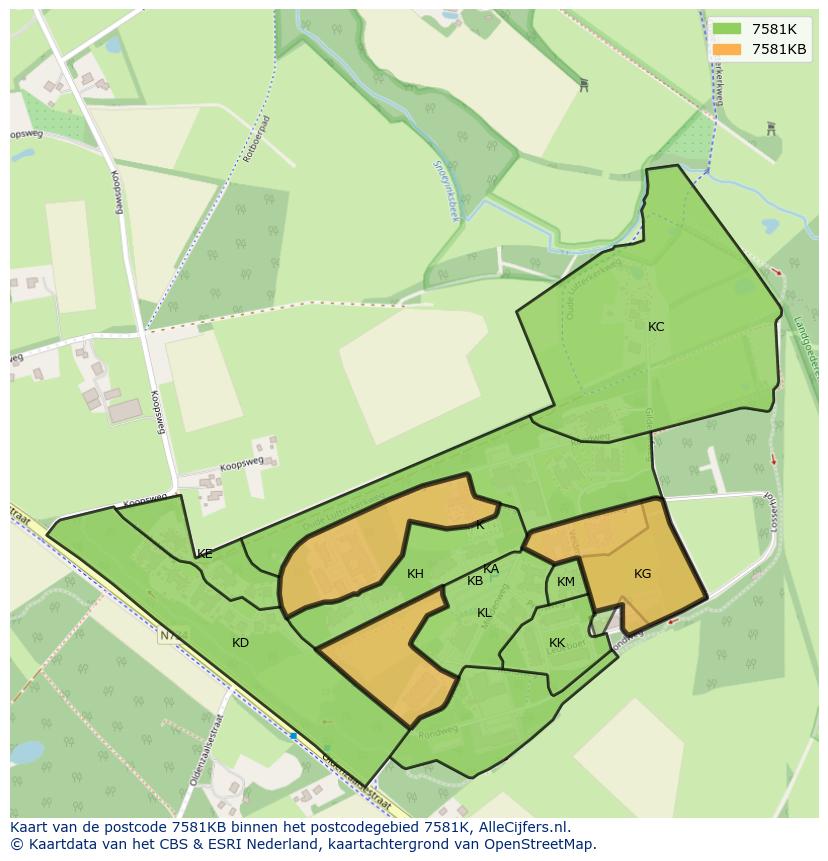 Afbeelding van het postcodegebied 7581 KB op de kaart.