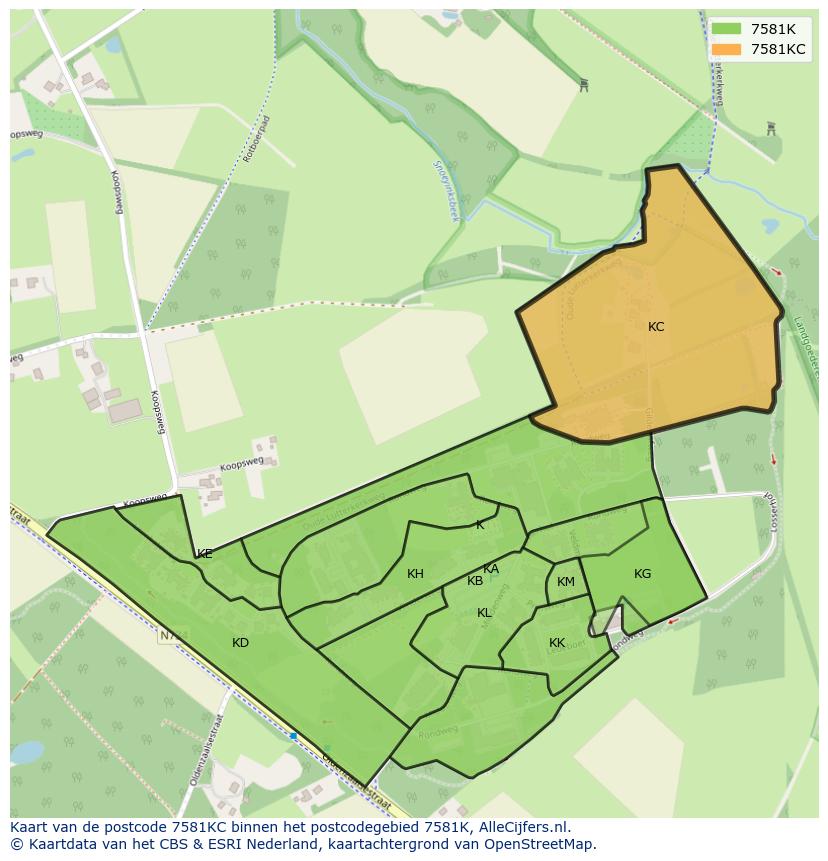 Afbeelding van het postcodegebied 7581 KC op de kaart.