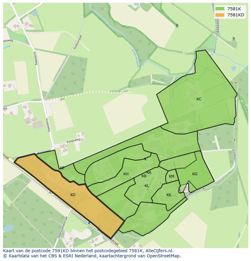 Afbeelding van het postcodegebied 7581 KD op de kaart.