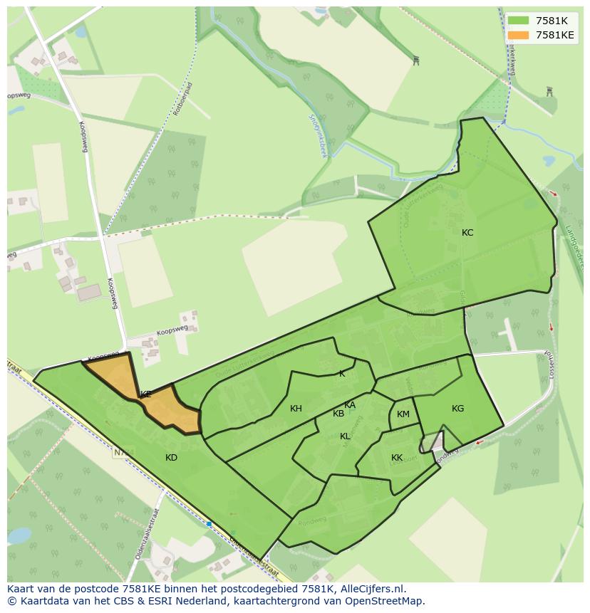 Afbeelding van het postcodegebied 7581 KE op de kaart.