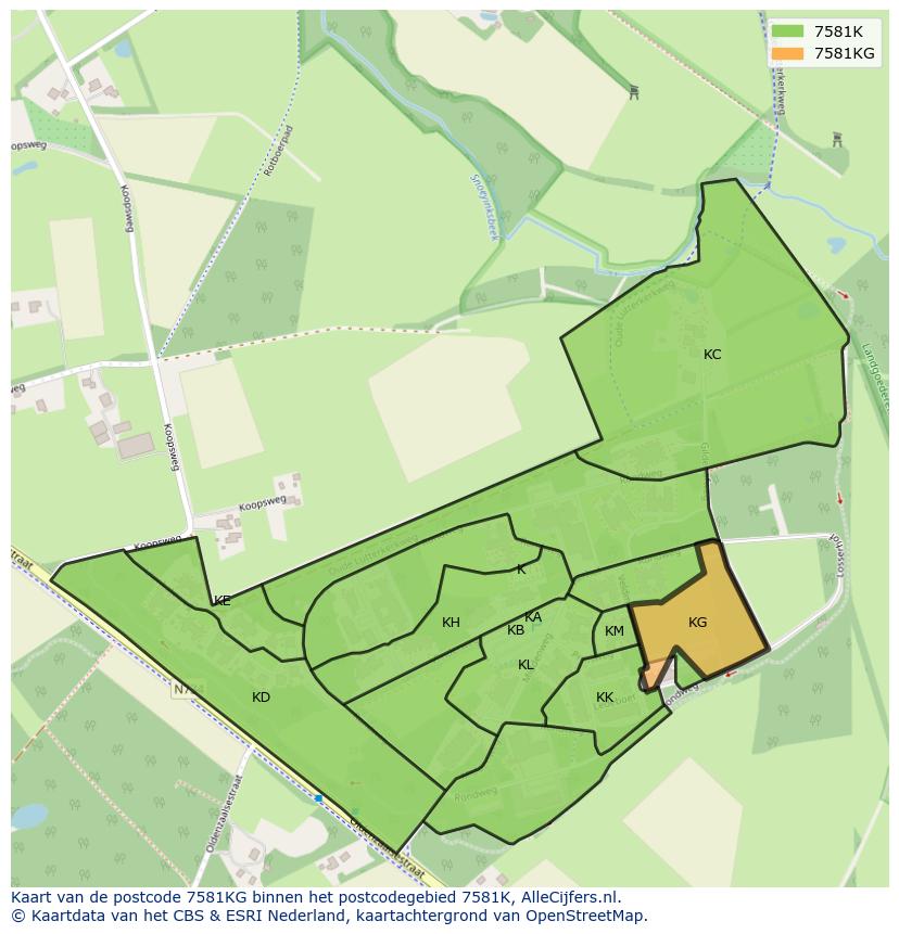 Afbeelding van het postcodegebied 7581 KG op de kaart.