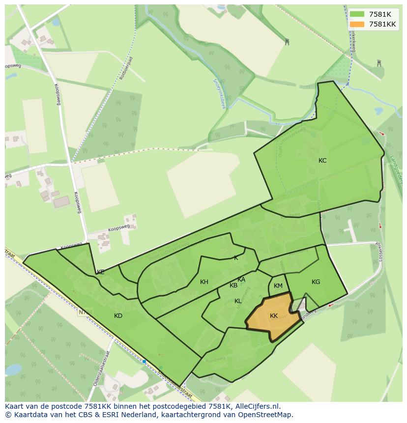 Afbeelding van het postcodegebied 7581 KK op de kaart.