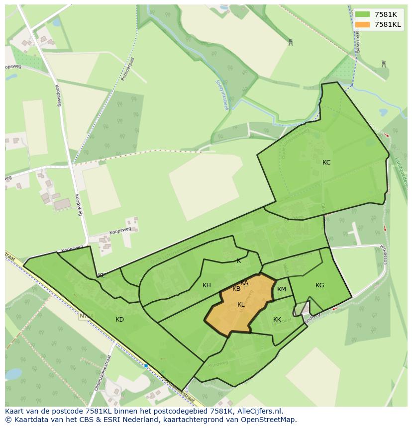 Afbeelding van het postcodegebied 7581 KL op de kaart.