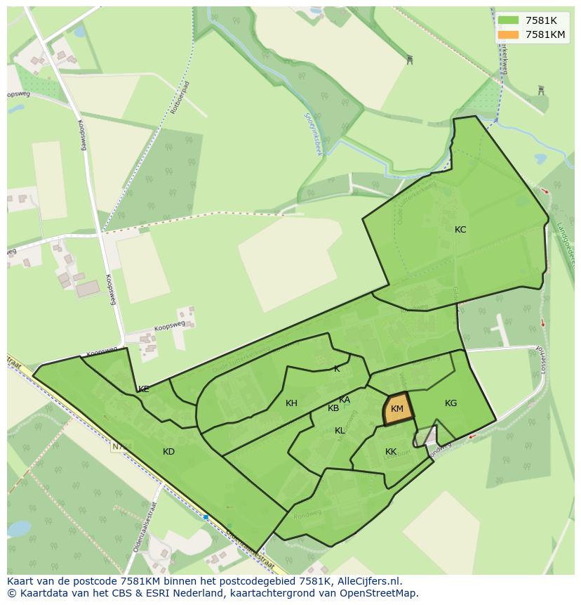 Afbeelding van het postcodegebied 7581 KM op de kaart.