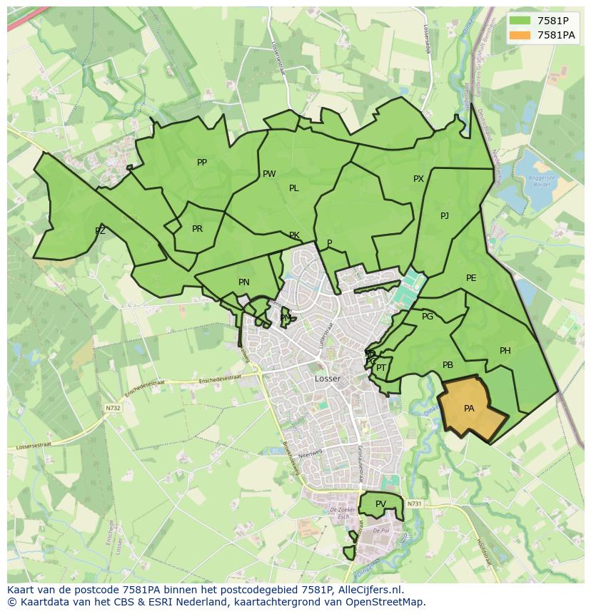 Afbeelding van het postcodegebied 7581 PA op de kaart.