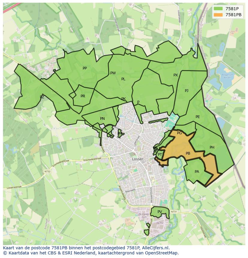 Afbeelding van het postcodegebied 7581 PB op de kaart.