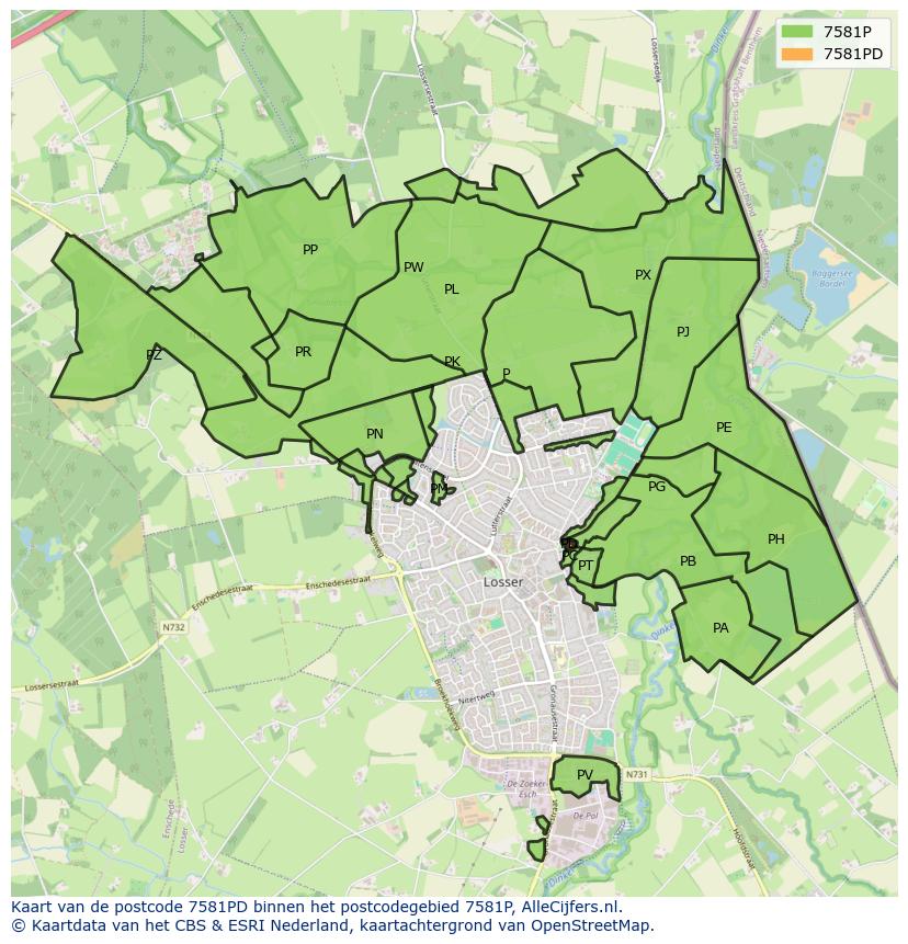 Afbeelding van het postcodegebied 7581 PD op de kaart.