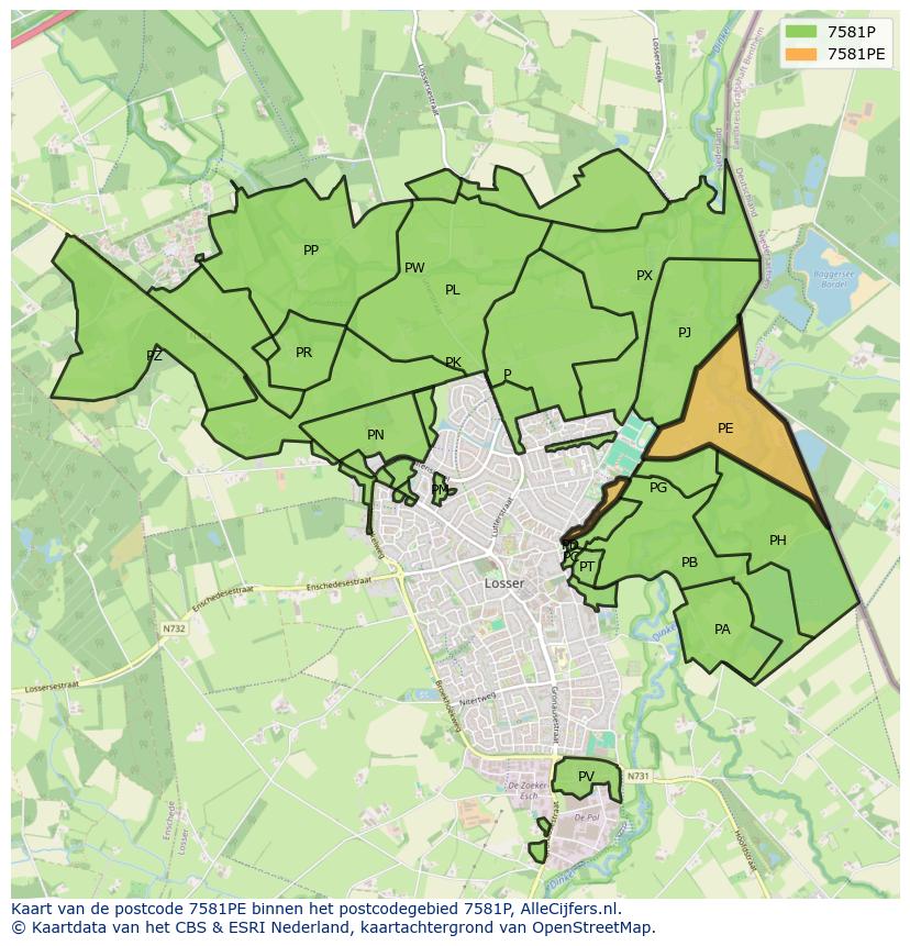 Afbeelding van het postcodegebied 7581 PE op de kaart.